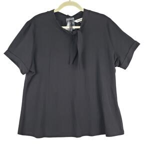 Royal Monk Size 3XL Tie Neck Blouse‎ Solid Black Parisian Elevated Basic Cotton